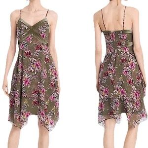 White House Black Market Green Pink Asymmetrical Floral Dress Embroidered 00 XS